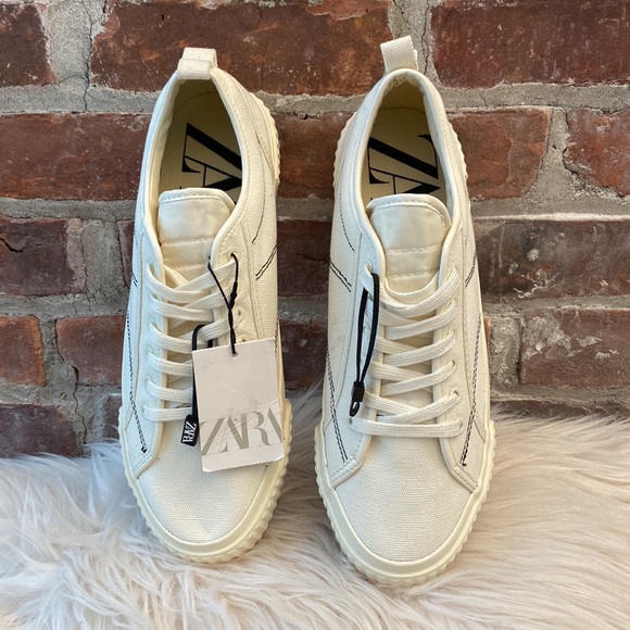 NWT Zara Canvas Low Top Ecru Trainers, Size 10 - Picture 13 of 17